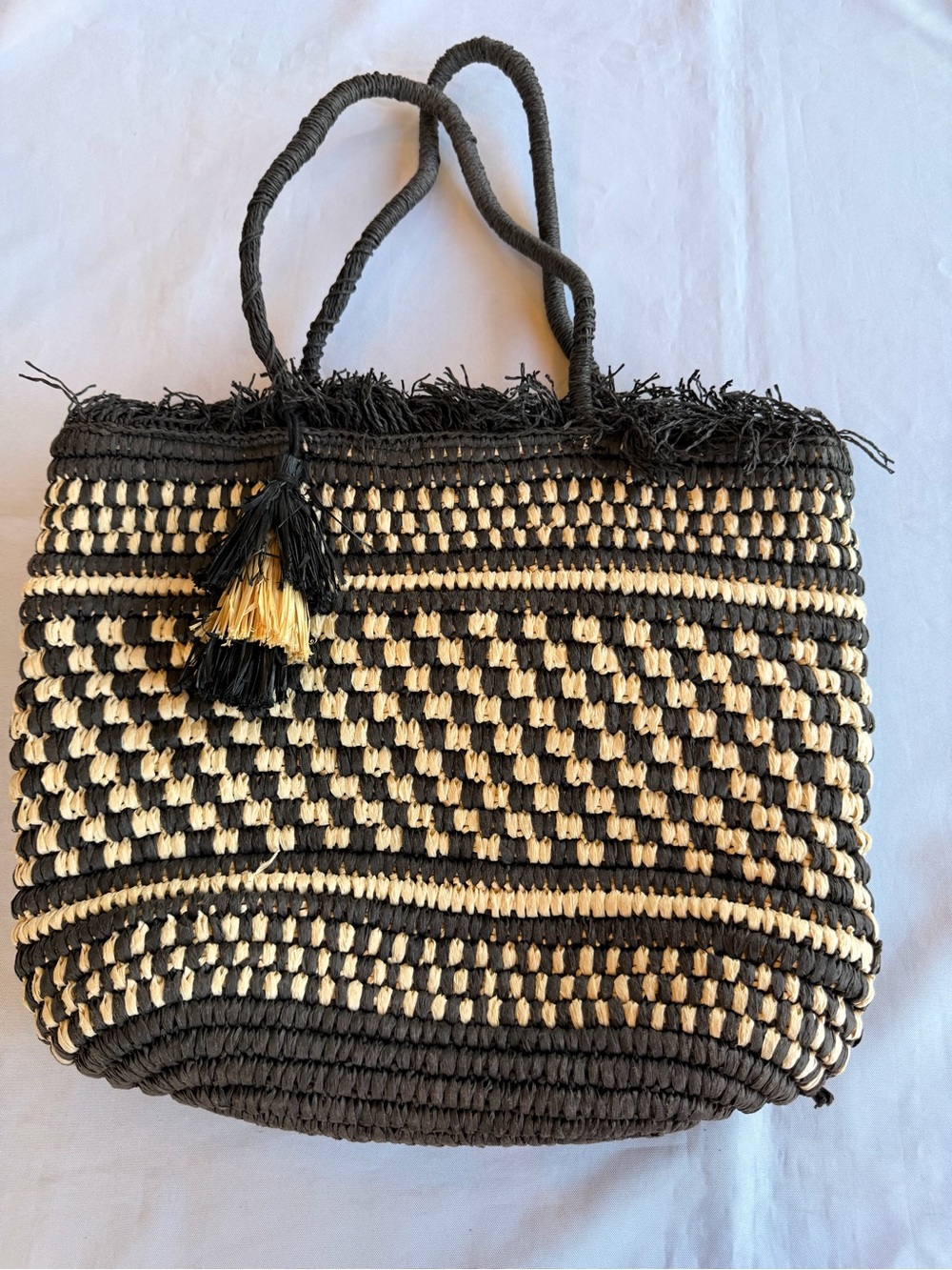 Lucky Brand Fern Woven Black Cream Tote with Fringe Trim and Tassel